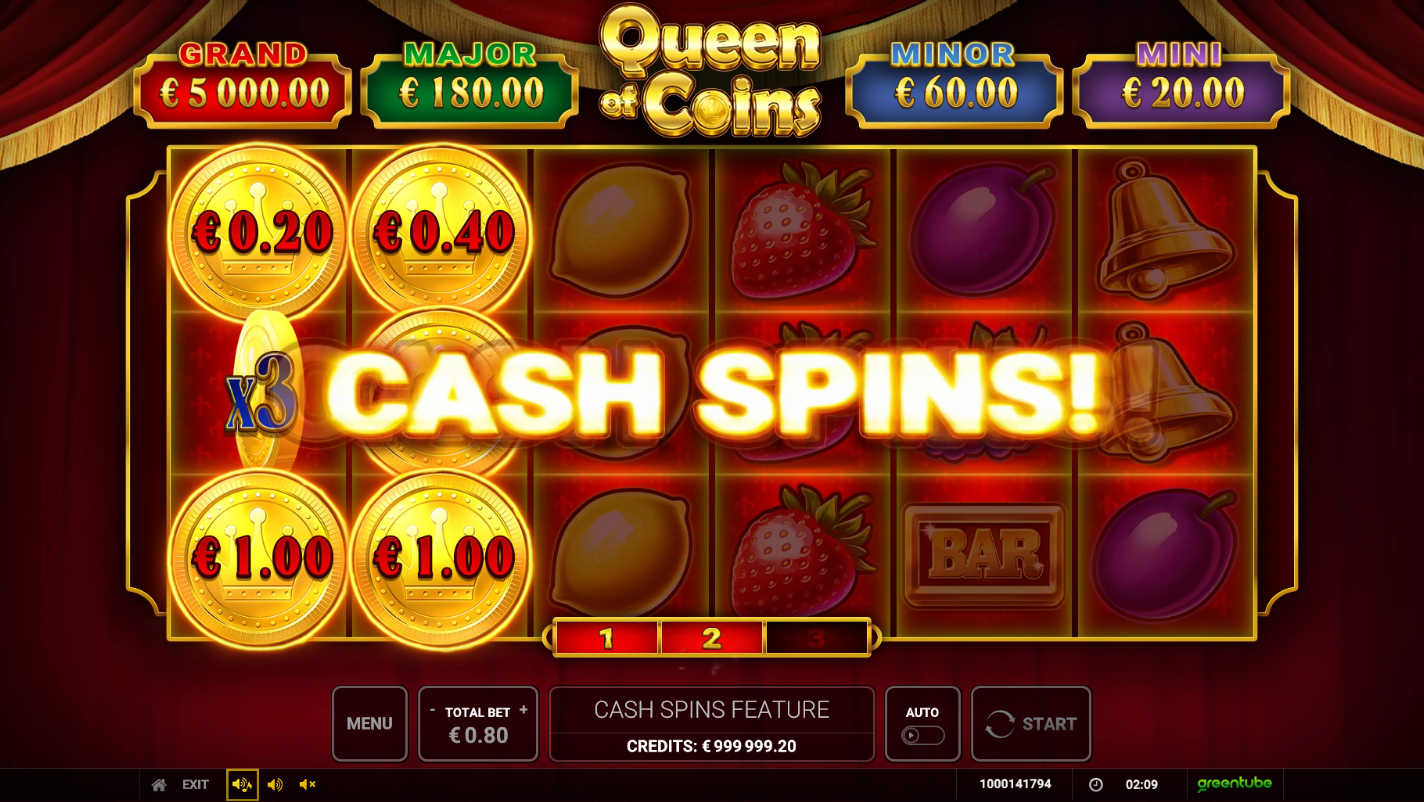 Queen of Coins feature screen showing the central columns of the six-reel board
