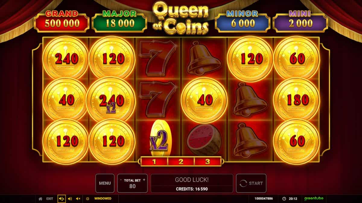 Official Queen of Coins screen with a Joker multiplier and held prize Coins