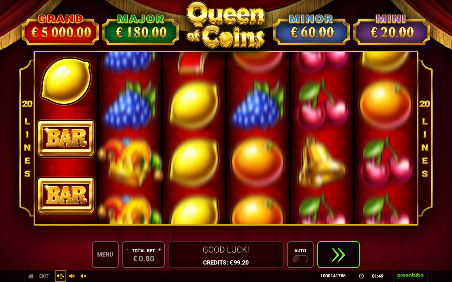 Queen of Coins reels spinning across all six columns before a Joker stack lands